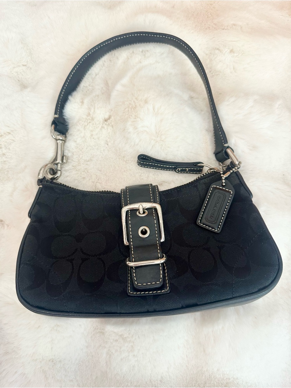 Vintage Coach Black Signature Monogram Canvas Shoulder Bag with Buckle Accent